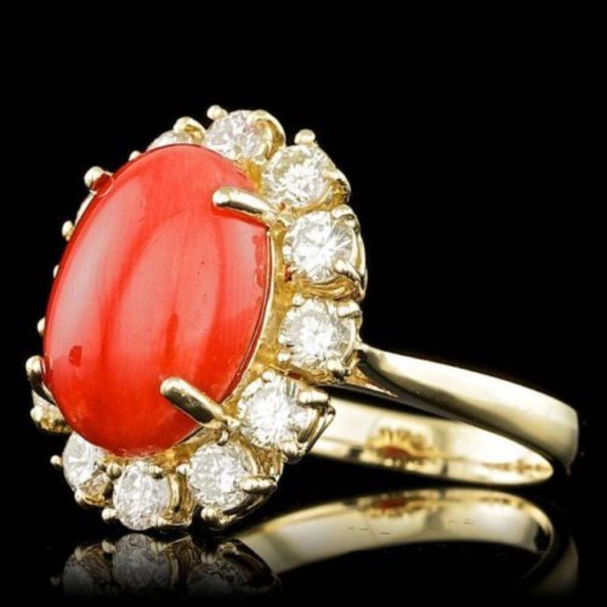 14K Yellow Gold 5.78ct Coral and 1.58ct Diamond Ring