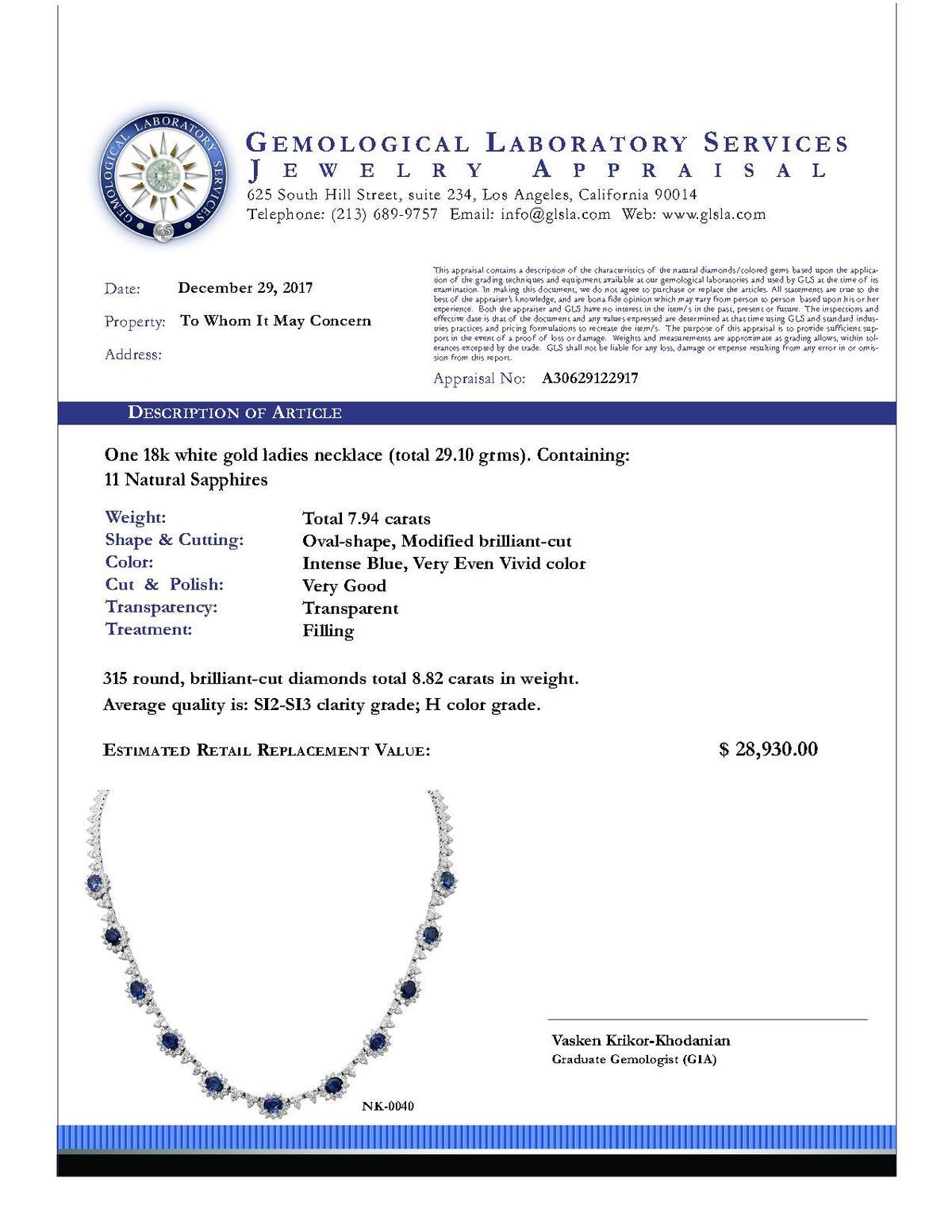 14k White Gold 7.94ct Sapphire 8.82ct Diamond Necklace