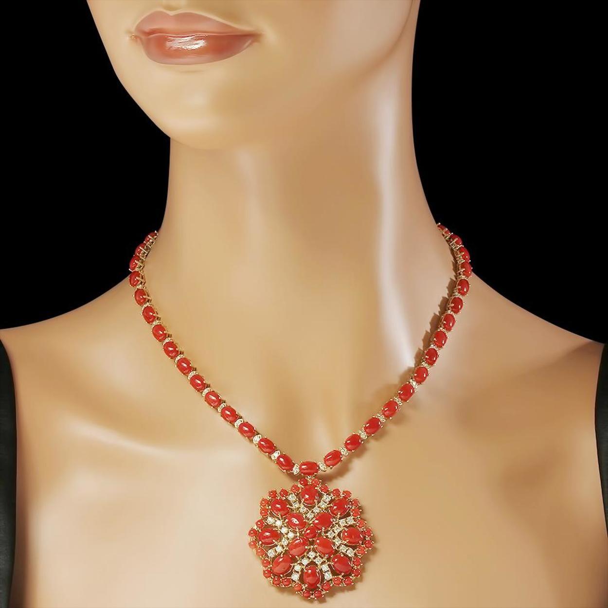 14K Gold 46.11ct Coral 3.00ct Diamond Necklace