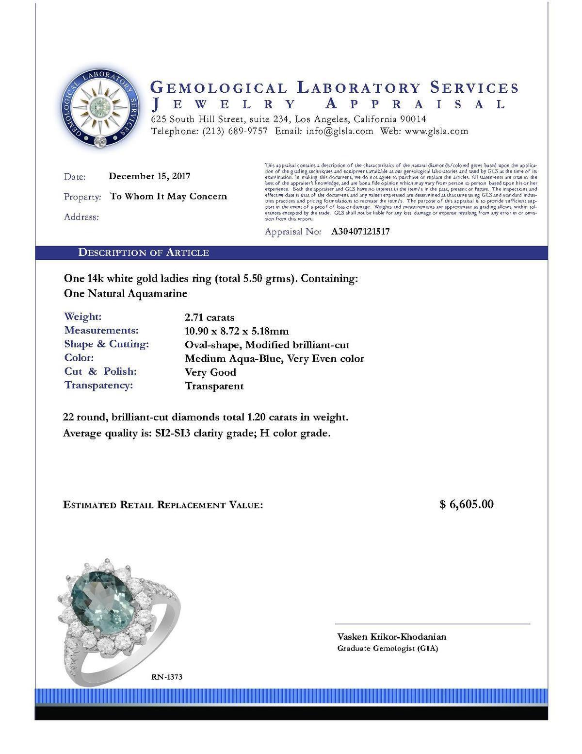 14k White Gold 2.71ct Aquamarine 1.20ct Diamond Ring