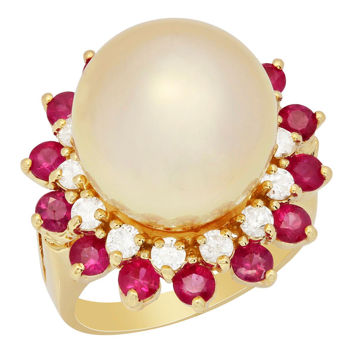 14k Yellow Gold 14mm Pearl 1.42ct Ruby 0.68ct Diamond Ring