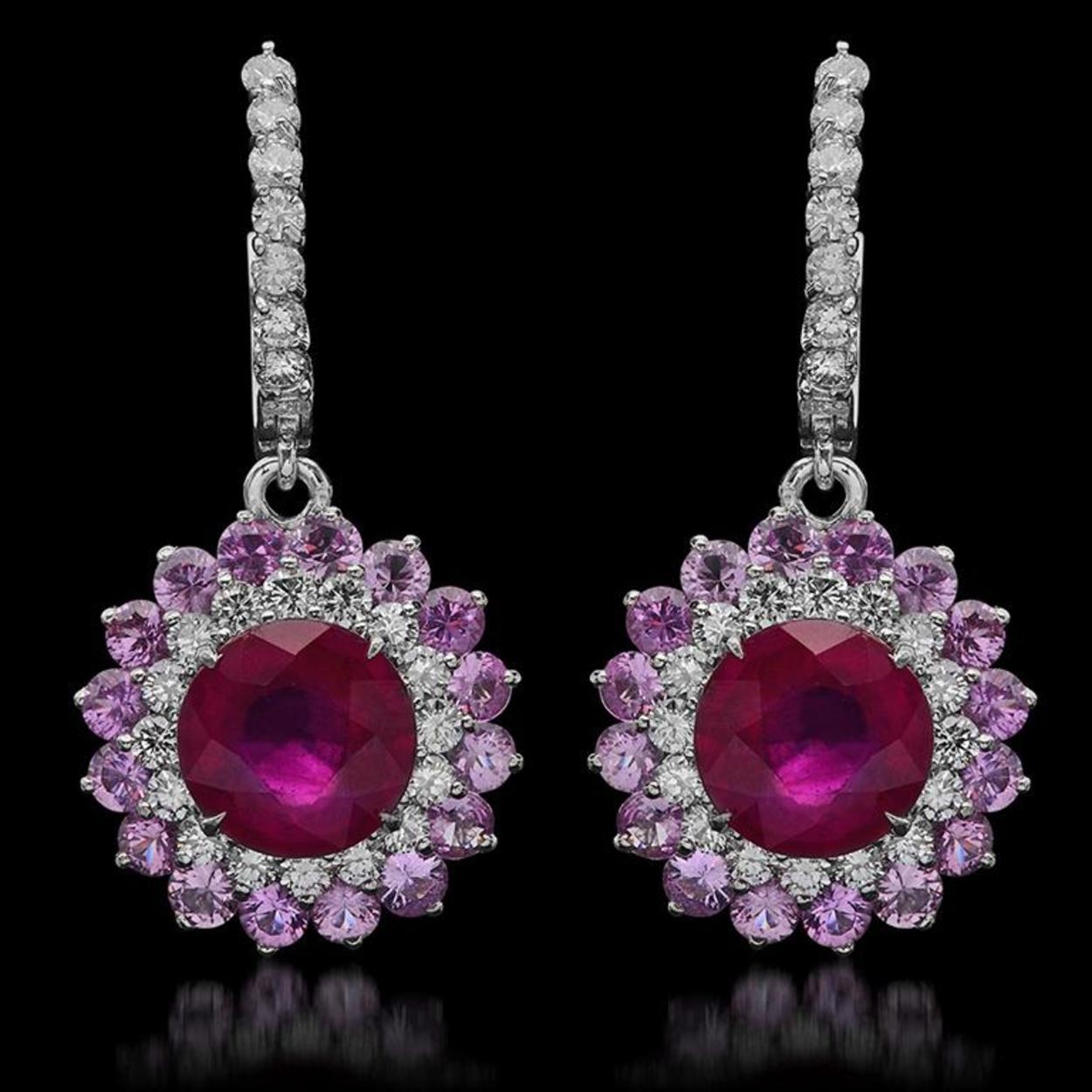 14K Gold 6.17ct Ruby, 4.80ct Pink Sapphire, 1.54ct Diamond Earrings