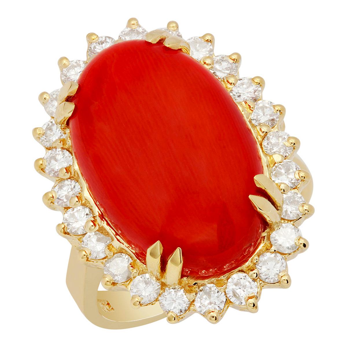 14k Yellow Gold 11.34ct Coral 1.05ct Diamond Ring