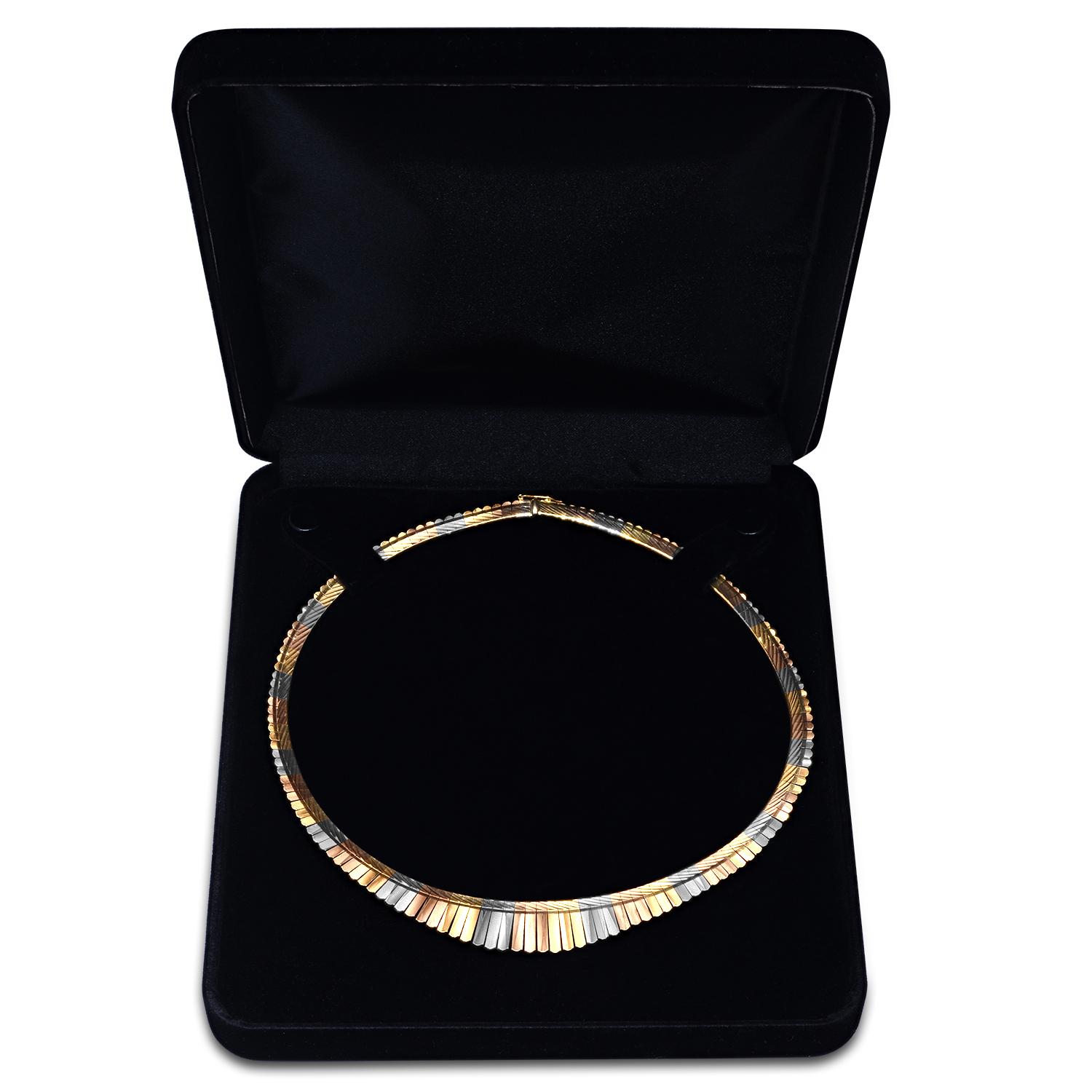 18K Yellow, White and Rose Gold Etched Flat Link Necklace