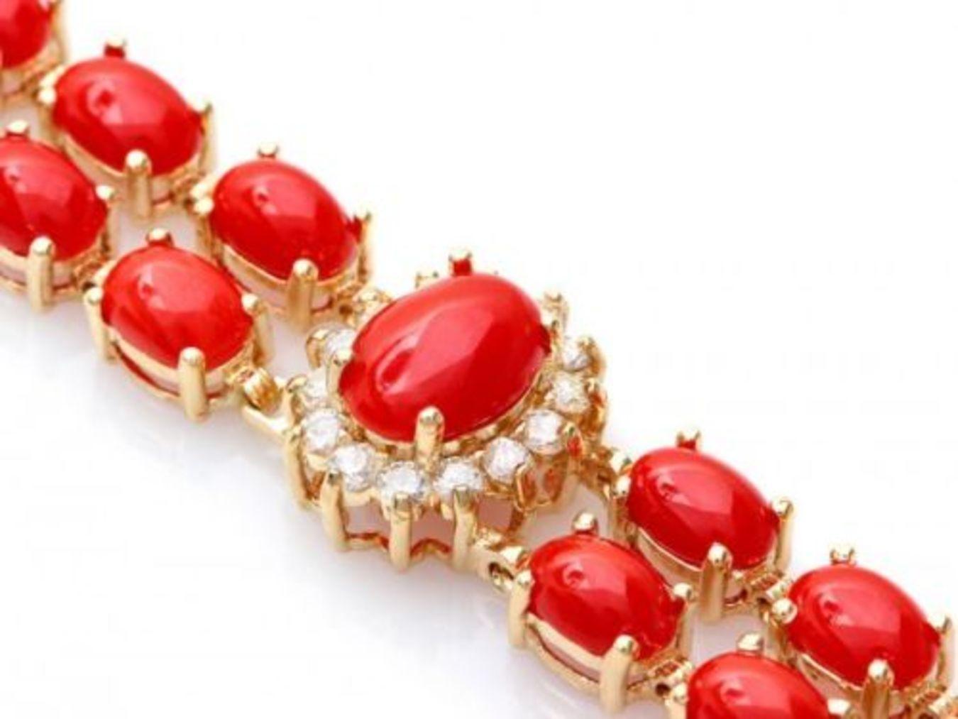 14K Gold 16.81ct Coral 1.14ct Diamond Bracelet