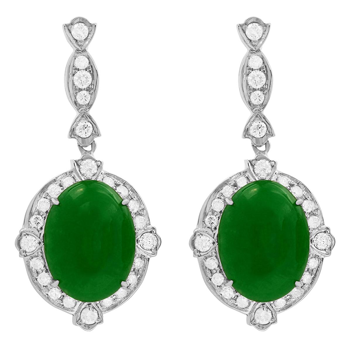 14k White Gold 12.56ct Jade 1.68ct Diamond Earrings