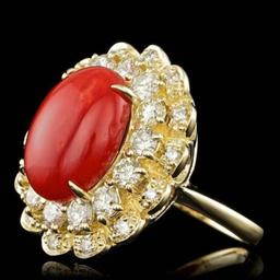 14K Yellow Gold 5.09ct Coral and 1.78ct Diamond Ring