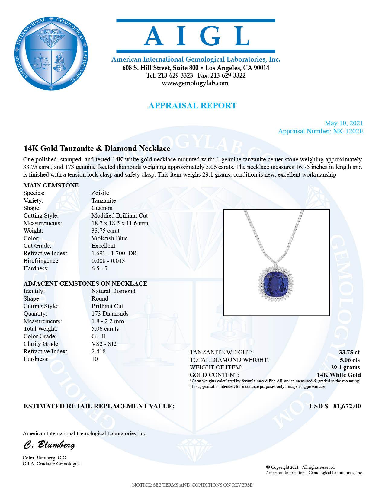 14K White Gold Setting with 33.75ct Tanzanite and 5.06ct Diamond Necklace