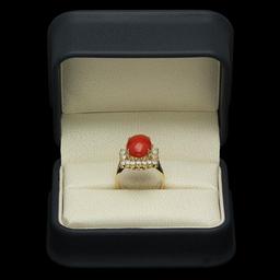 14K Yellow Gold 5.68ct Coral and 1.01ct Diamond Ring