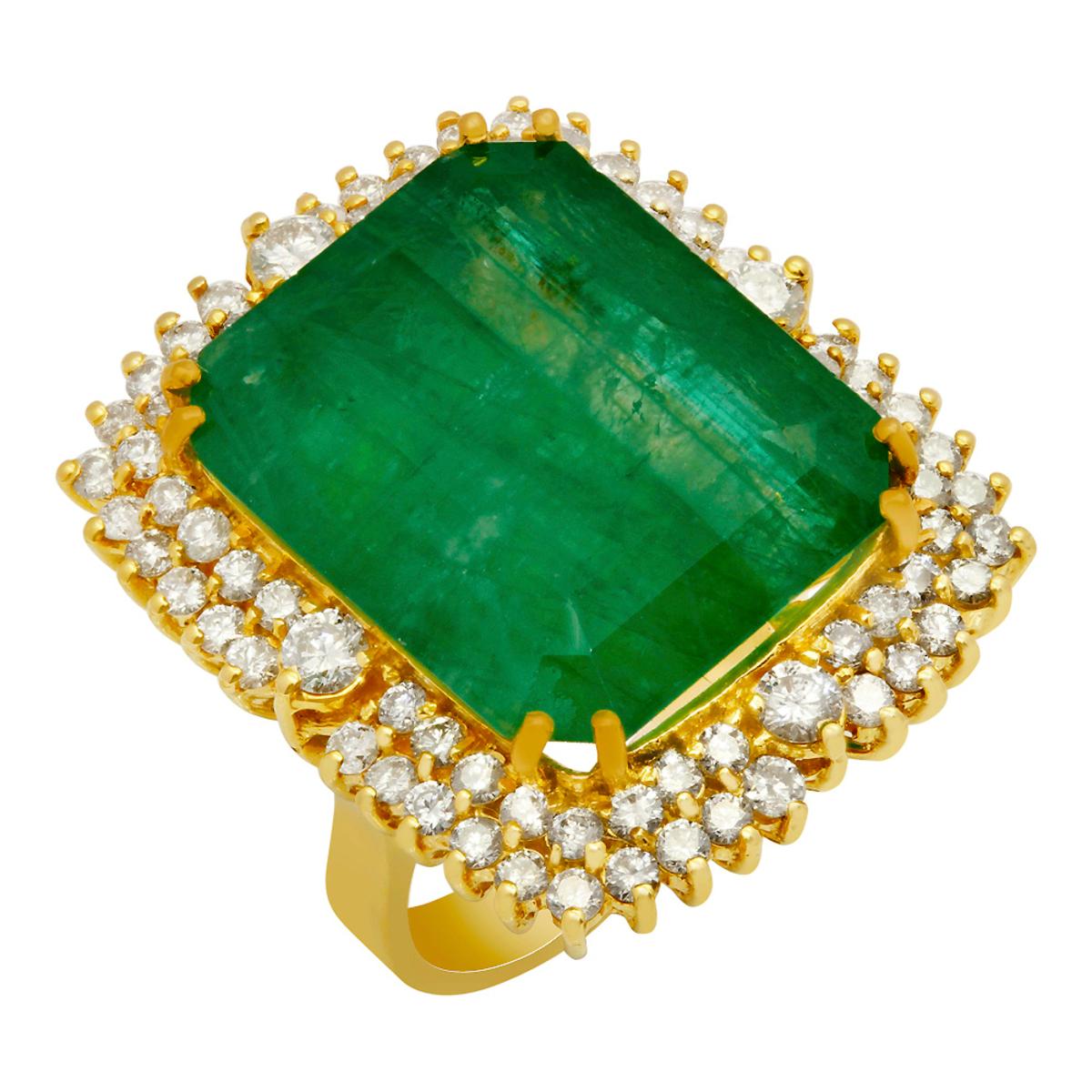 14k Yellow Gold 28.96ct Emerald 2.55ct Diamond Ring