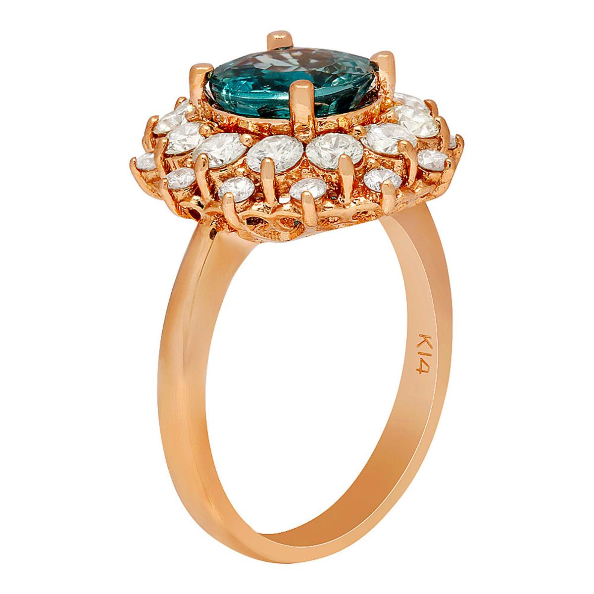 14k Rose Gold 3.10ct Blue Zircon 1.48ct Diamond Ring