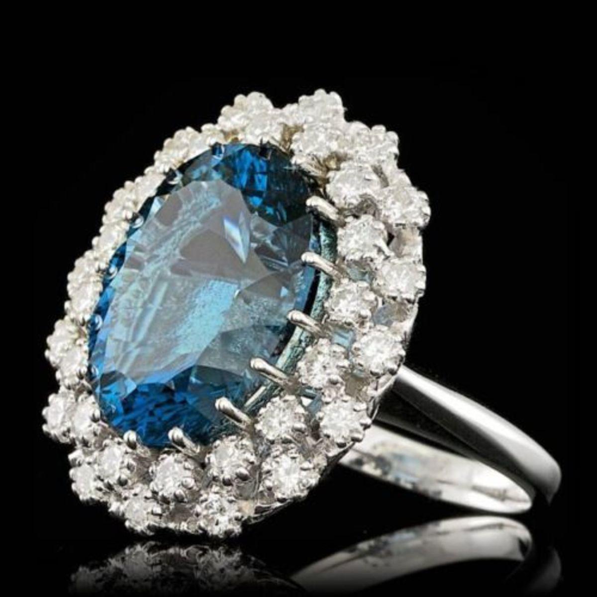 14K White Gold 11.75ct Blue Topaz and 1.51ct Diamond Ring