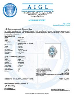 14K White Gold 8.85ct Aquamarine and 1.32ct Diamond Ring