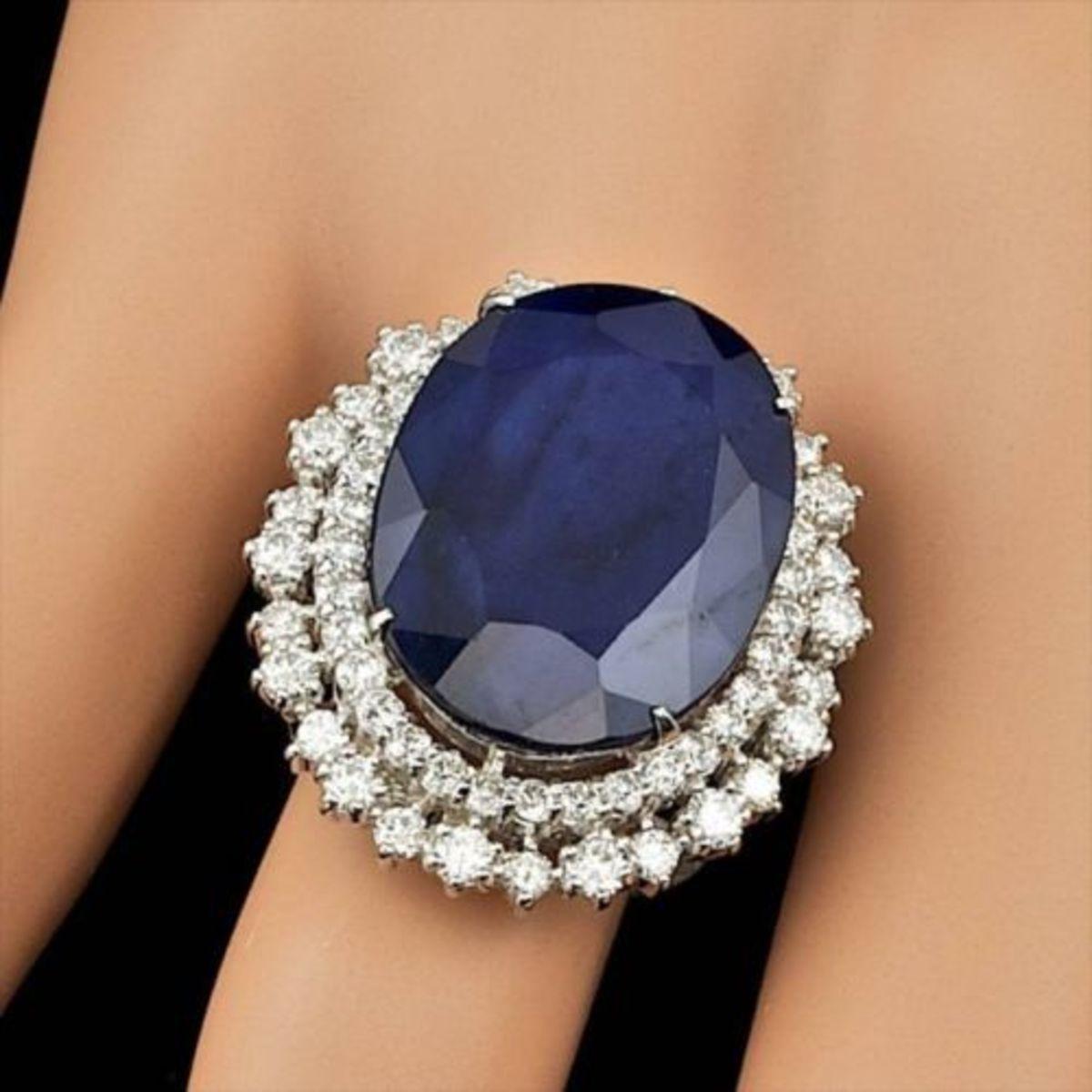 14K White Gold 26.75ct Sapphire and 2.01ct Diamond Ring