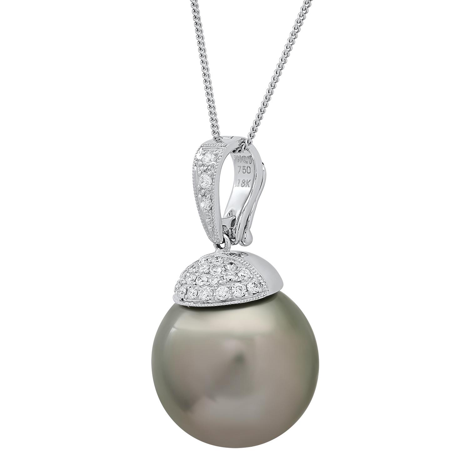 18K White Gold Setting with 15MM Tahitian Pearl and 0.22ct Diamond Pendant