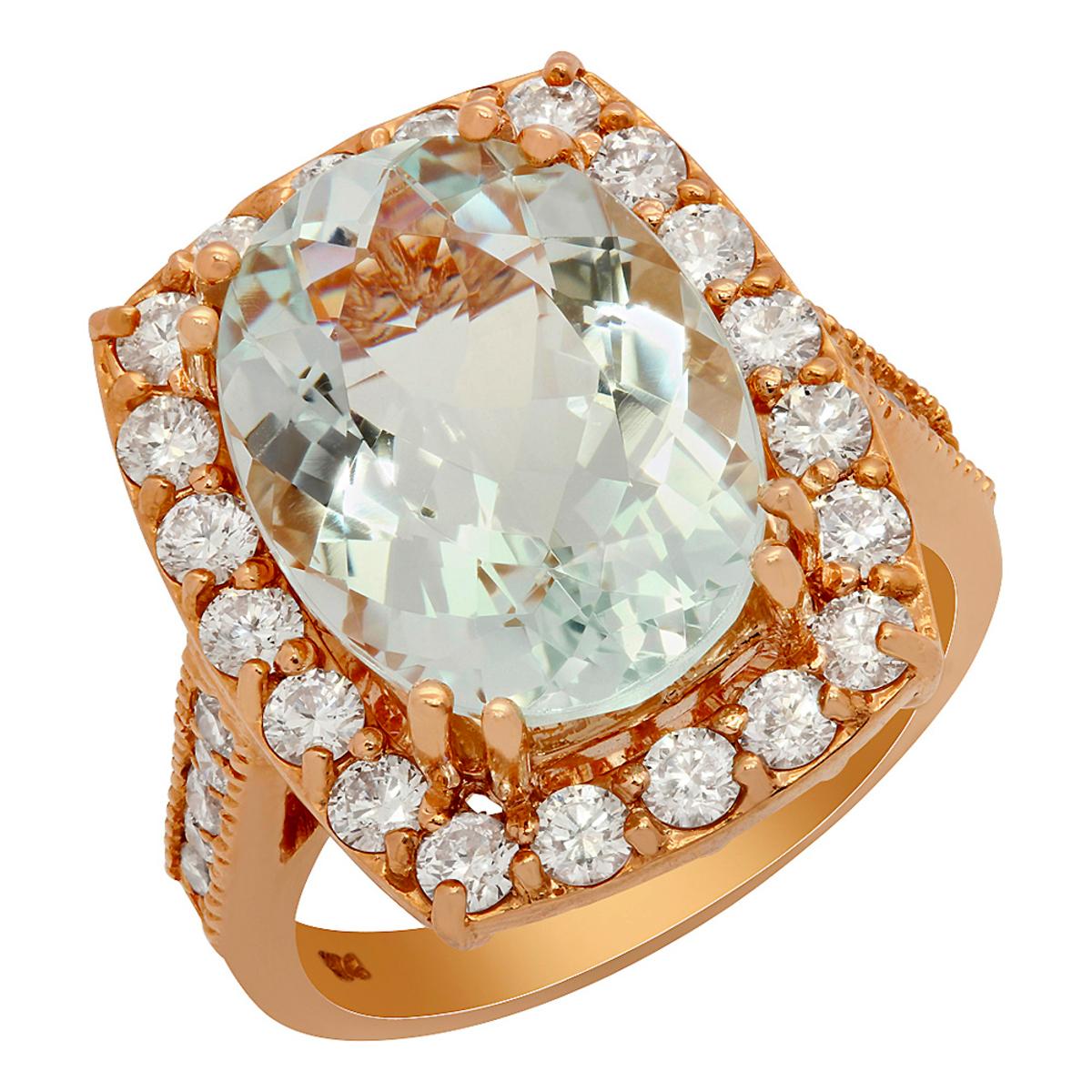14k Rose Gold 8.60ct Aquamarine 1.43ct Diamond Ring