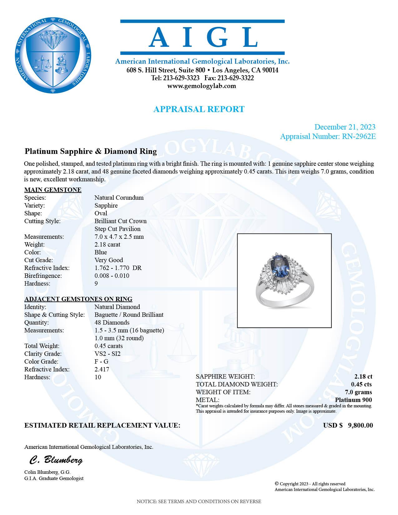 Platinum Setting with 2.18ct Sapphire and 0.45ct Diamond Ladies Ring