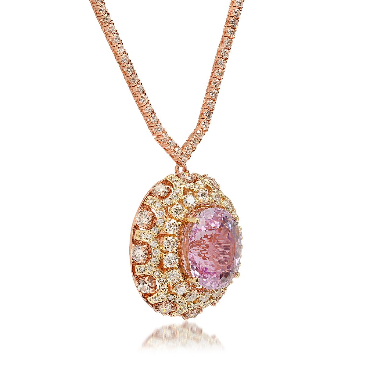 14K Rose Gold 16.85ct Kunzite and 11.20ct Diamond Necklace