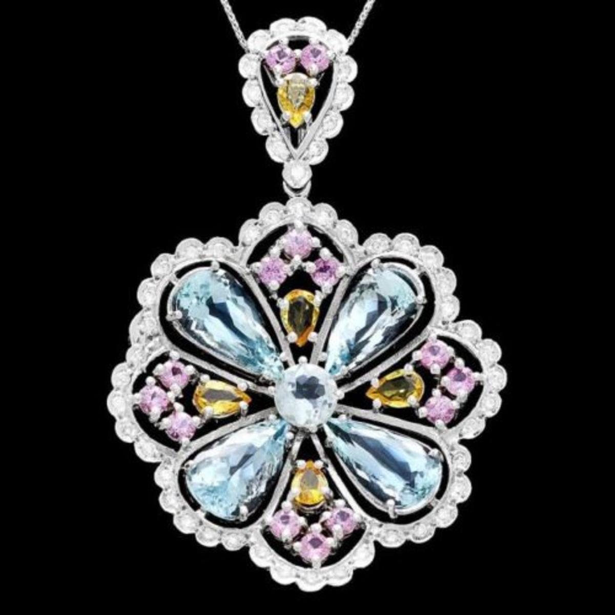 14K Gold 6.97ct Aquamarine 1.53ct Sapphire 2.43ct Beryl and 1.07ct Diamond Pendant