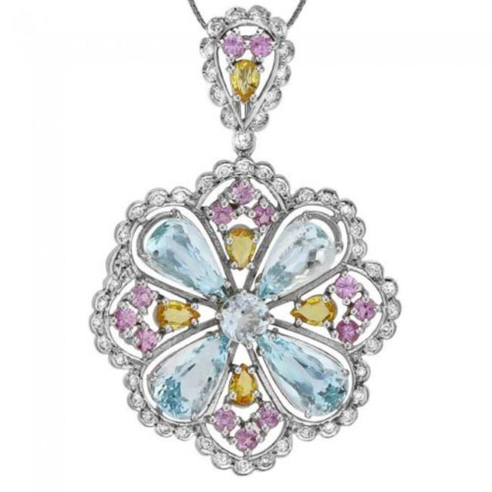 14K Gold 6.97ct Aquamarine 1.53ct Sapphire 2.43ct Beryl and 1.07ct Diamond Pendant