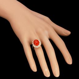 14k Yellow Gold 4.65ct Coral 1.50ct Diamond Ring