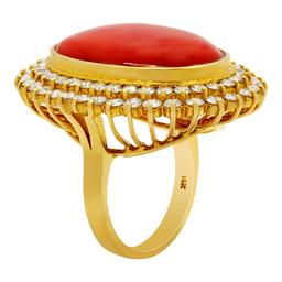 14k Yellow Gold 31.24ct Coral 2.14ct Diamond Ring