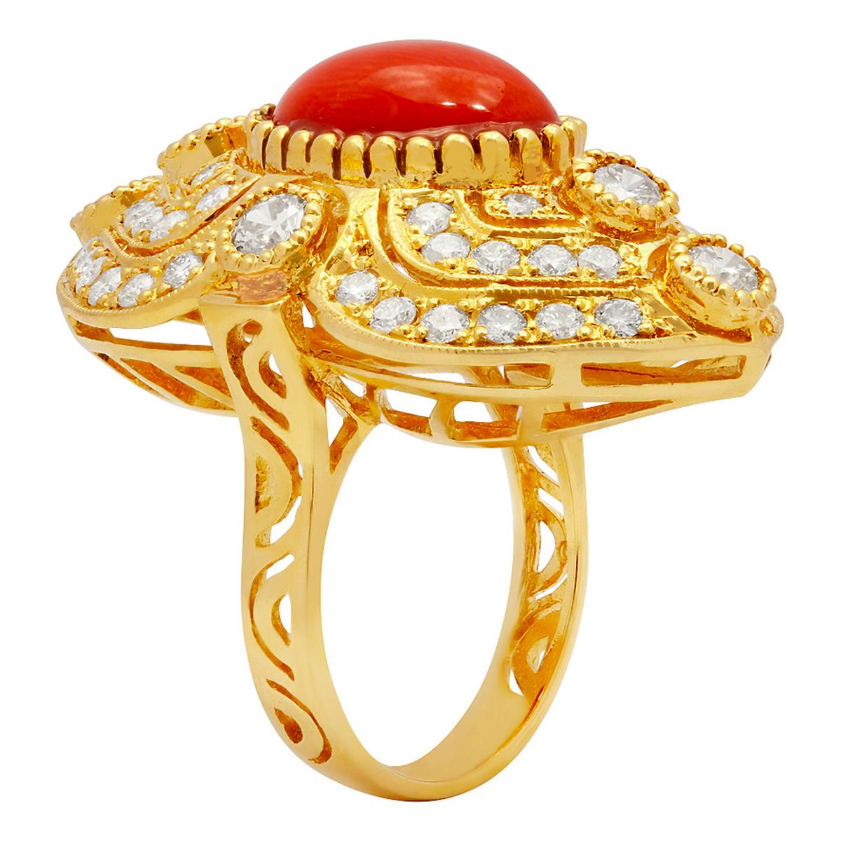 14k Yellow Gold 5.10ct Coral 1.59ct Diamond Ring