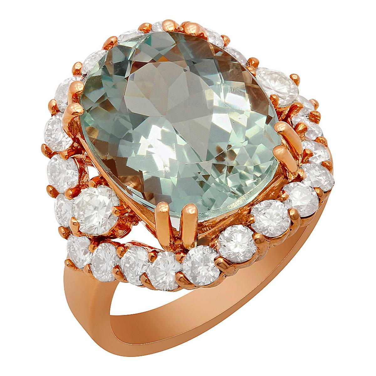 14k Rose Gold 7.94ct Aquamarine 2.07ct Diamond Ring