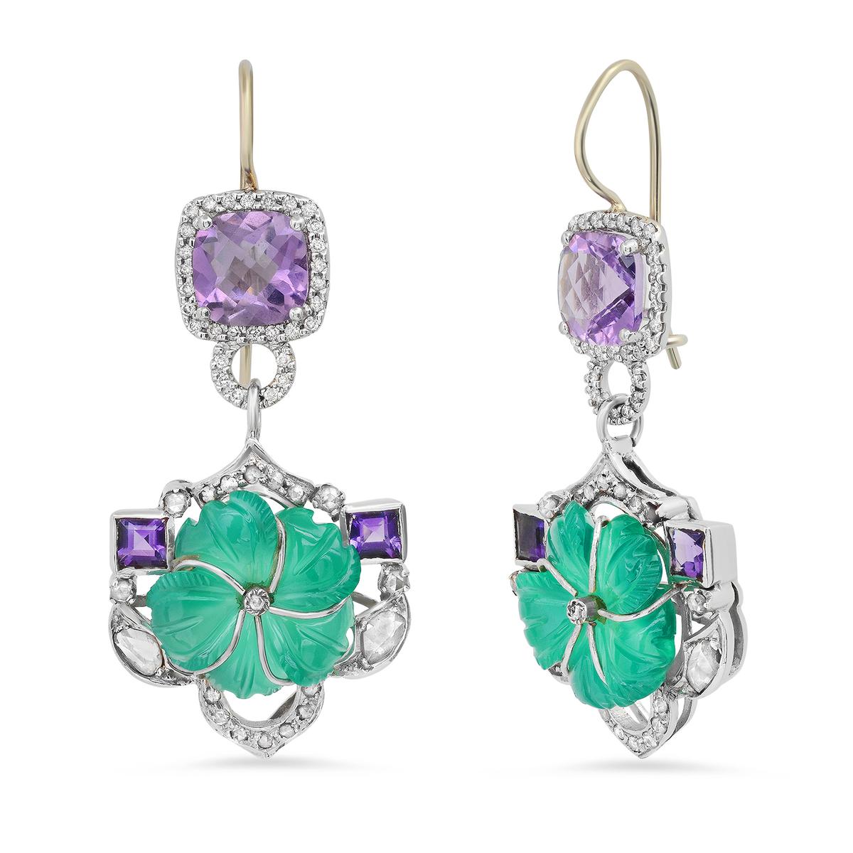 18K White Gold Setting with 3.5ct Amethyst, Chalcedony and 1.25ct Diamond Earrings