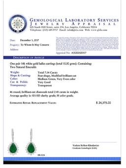 14k White Gold 7.14ct Emerald 2.45ct Diamond Earrings