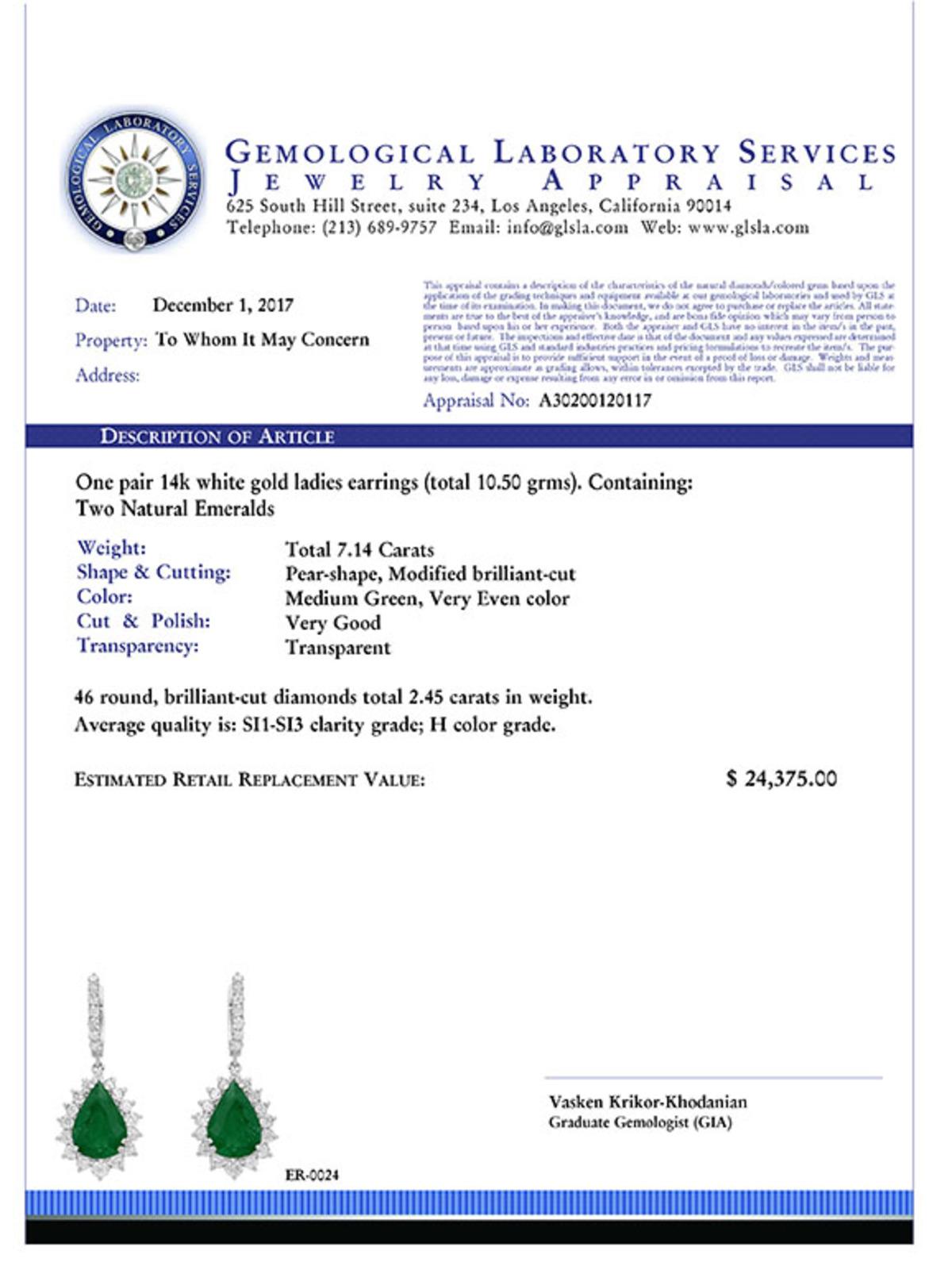 14k White Gold 7.14ct Emerald 2.45ct Diamond Earrings