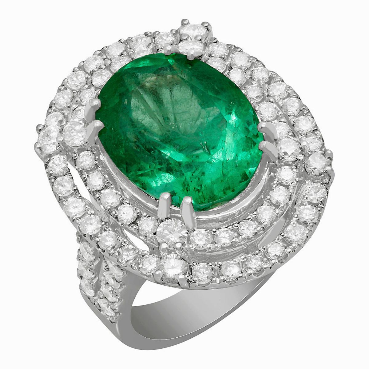 14k White Gold 9.01ct Emerald 2.40ct Diamond Ring