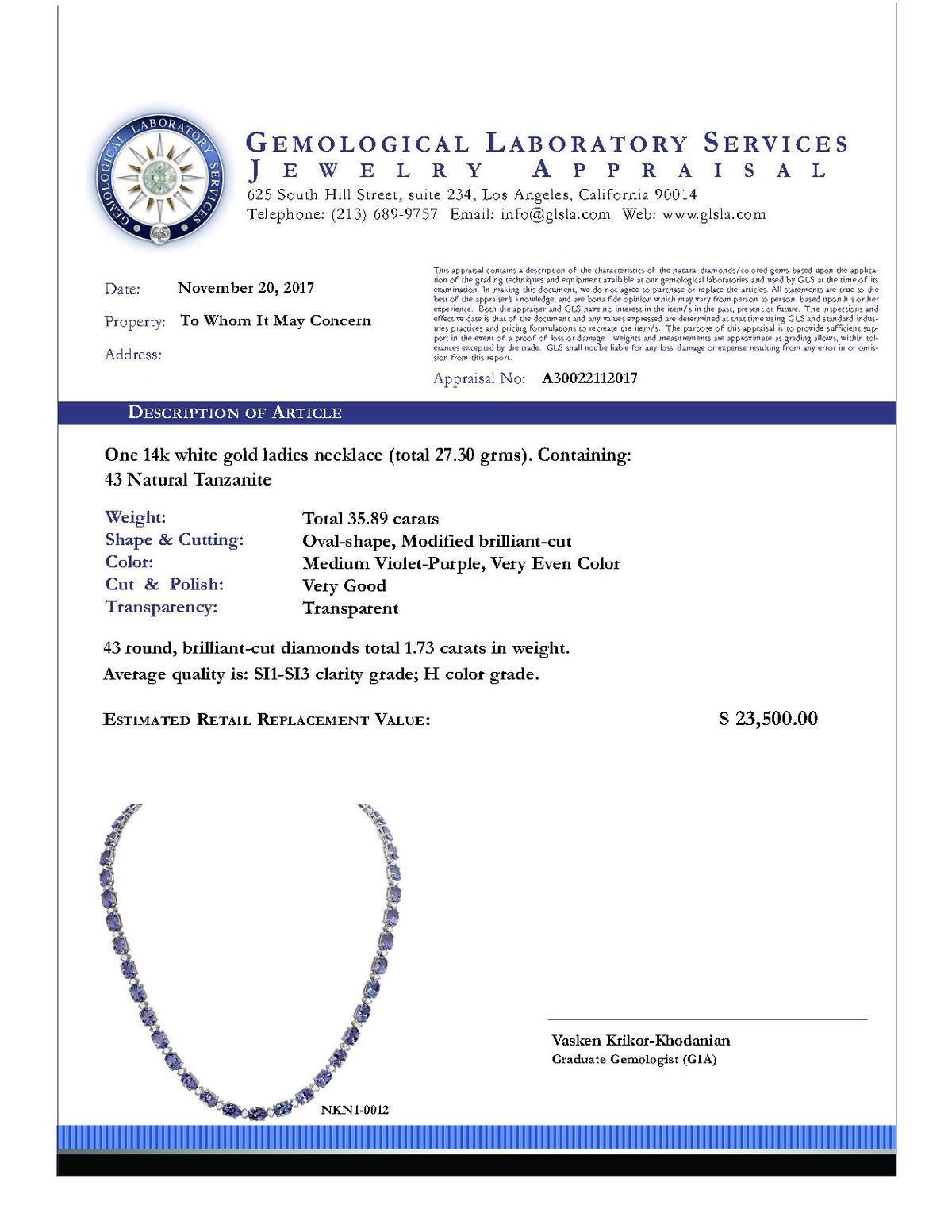 14k White Gold 35.89ct Tanzanite 1.73ct Diamond Necklace