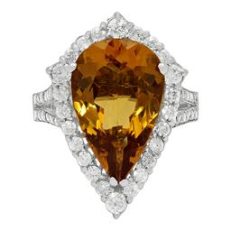 14k White Gold 5.61ct Yellow Beryl 1.12ct Diamond Ring