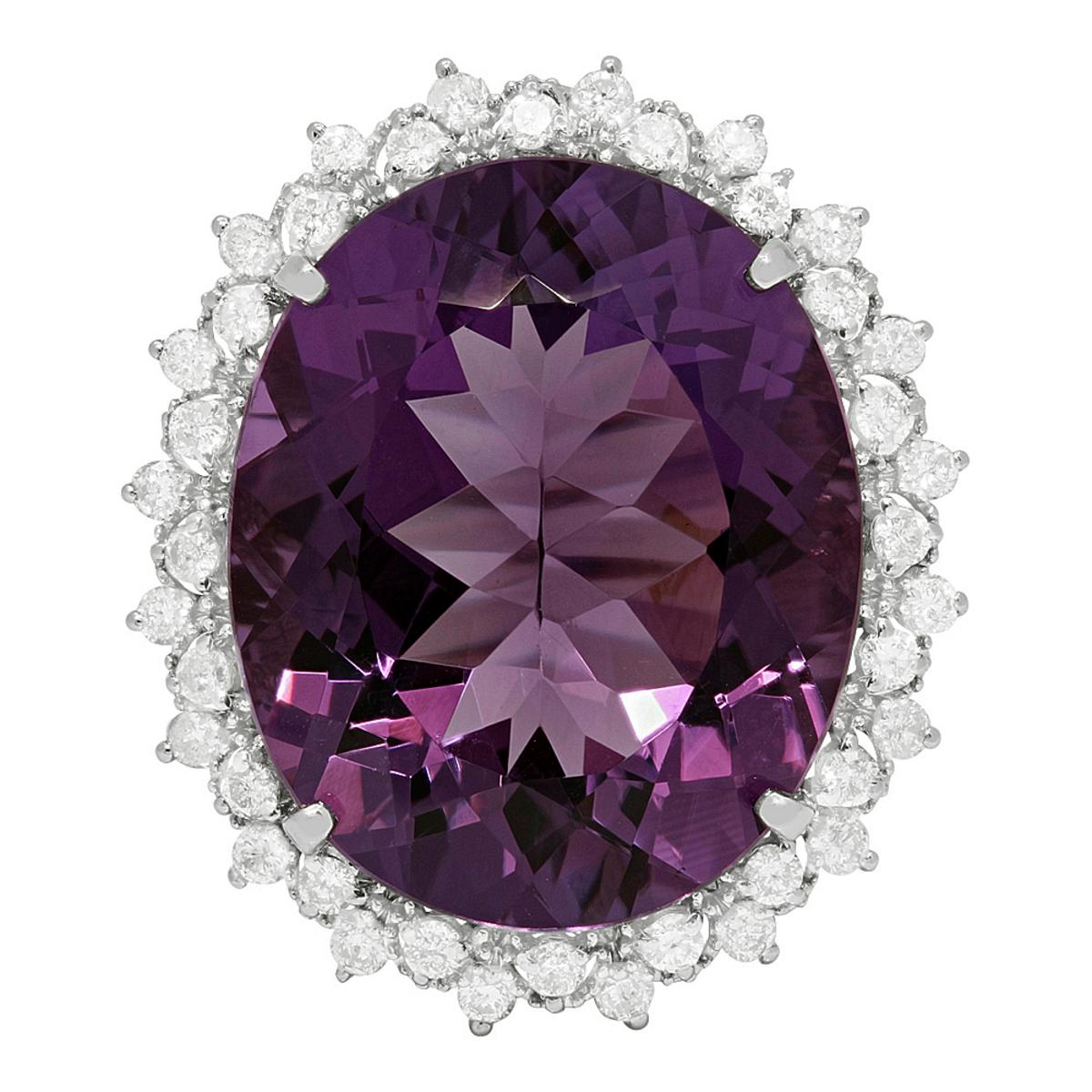 14k White Gold 23.10ct Amethyst 0.89ct Diamond Ring