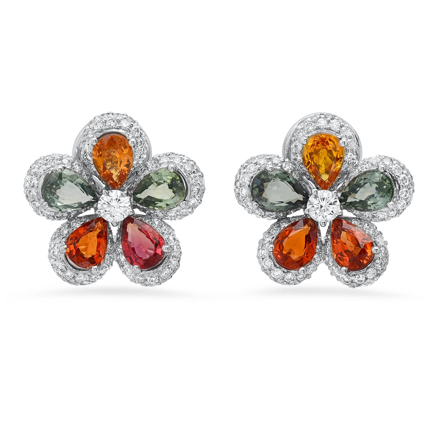 14K White Gold 9.08ct Multi-Colored Sapphire and 2.49ct Diamond Earrings