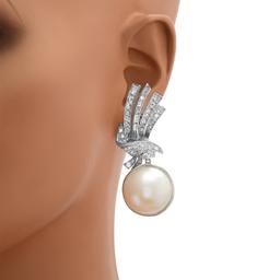 14K White Gold Setting with 18mm Pearls and 2.40ct Diamond Earrings