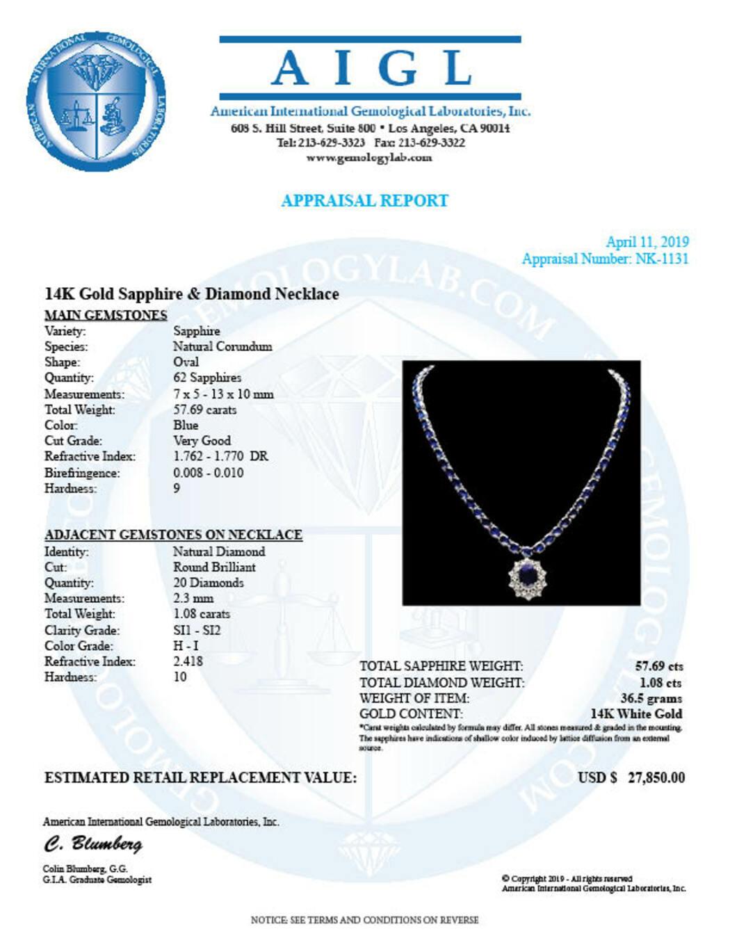 14K White Gold 57.69ct Sapphire and 1.08ct Diamond Necklace