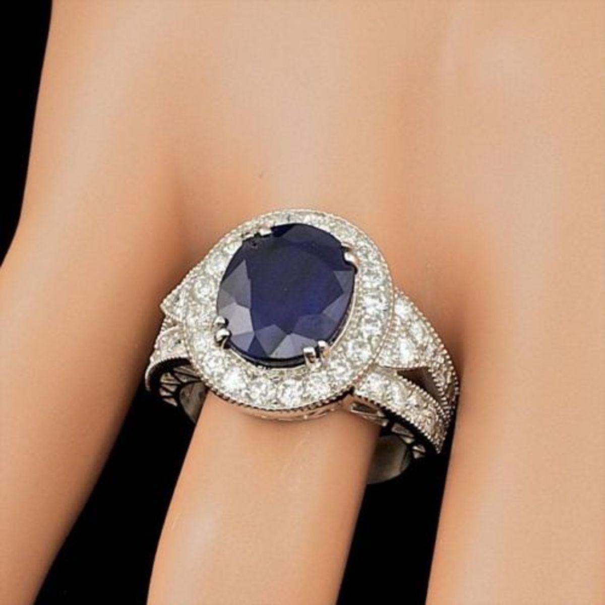 14K White Gold 6.62ct Sapphire and 1.61ct Diamond Ring