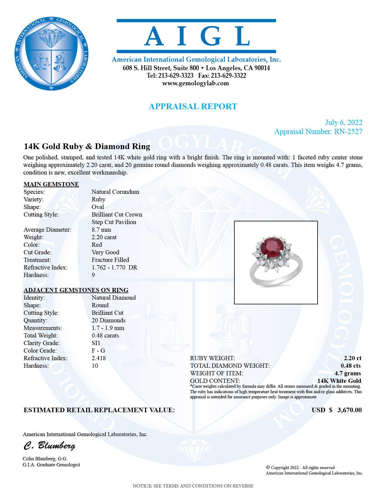 14K White Gold Setting with 2.20ct Ruby and 0.48ct Diamond Ladies Ring