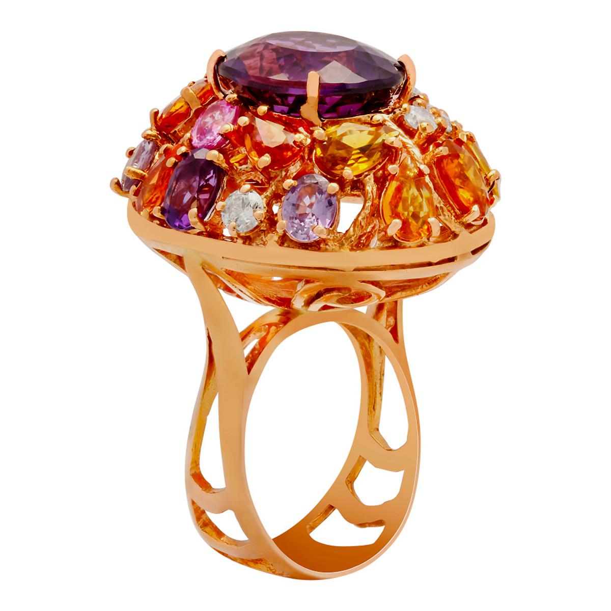 14k Rose Gold 8.75ct Amethyst 6.14ct Multi-Stone 0.76ct Diamond Ring