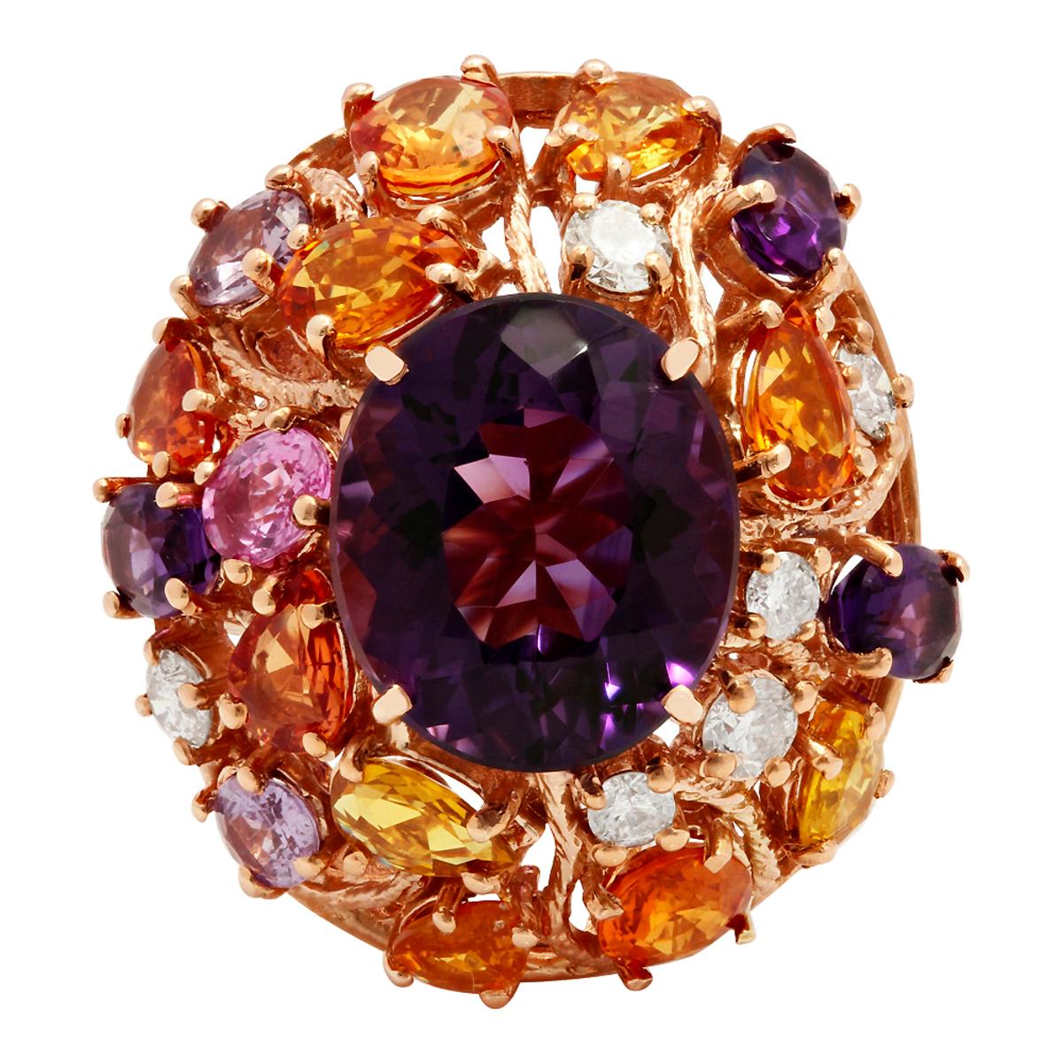 14k Rose Gold 8.75ct Amethyst 6.14ct Multi-Stone 0.76ct Diamond Ring