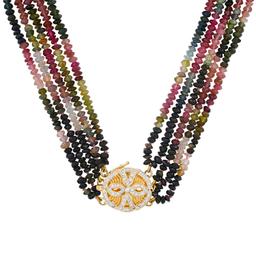 Multi Color Tourmaline Strands Necklace on 14K Yellow Gold Diamond Clasp