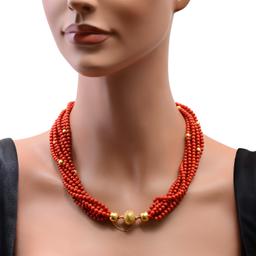 Eight Strand 4mm Coral Beaded Necklace with 14K Gold Clasp