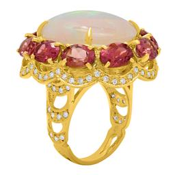 14k Yellow Gold 10.52ct Opal 8.67ct Pink Tourmaline 1.10ct Diamond Ring