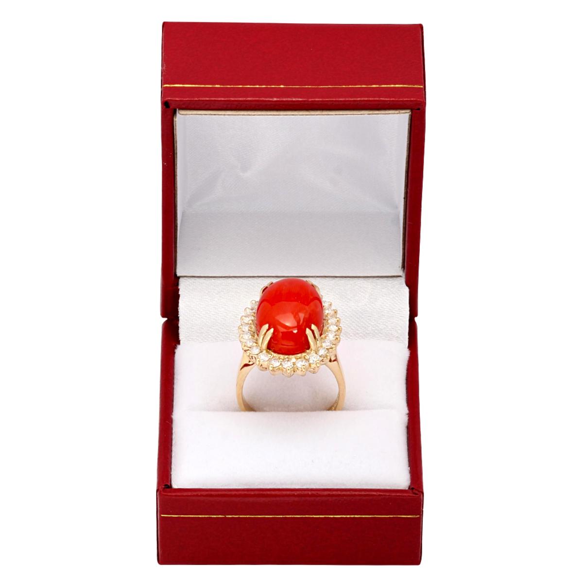 14k Yellow Gold 11.34ct Coral 1.05ct Diamond Ring