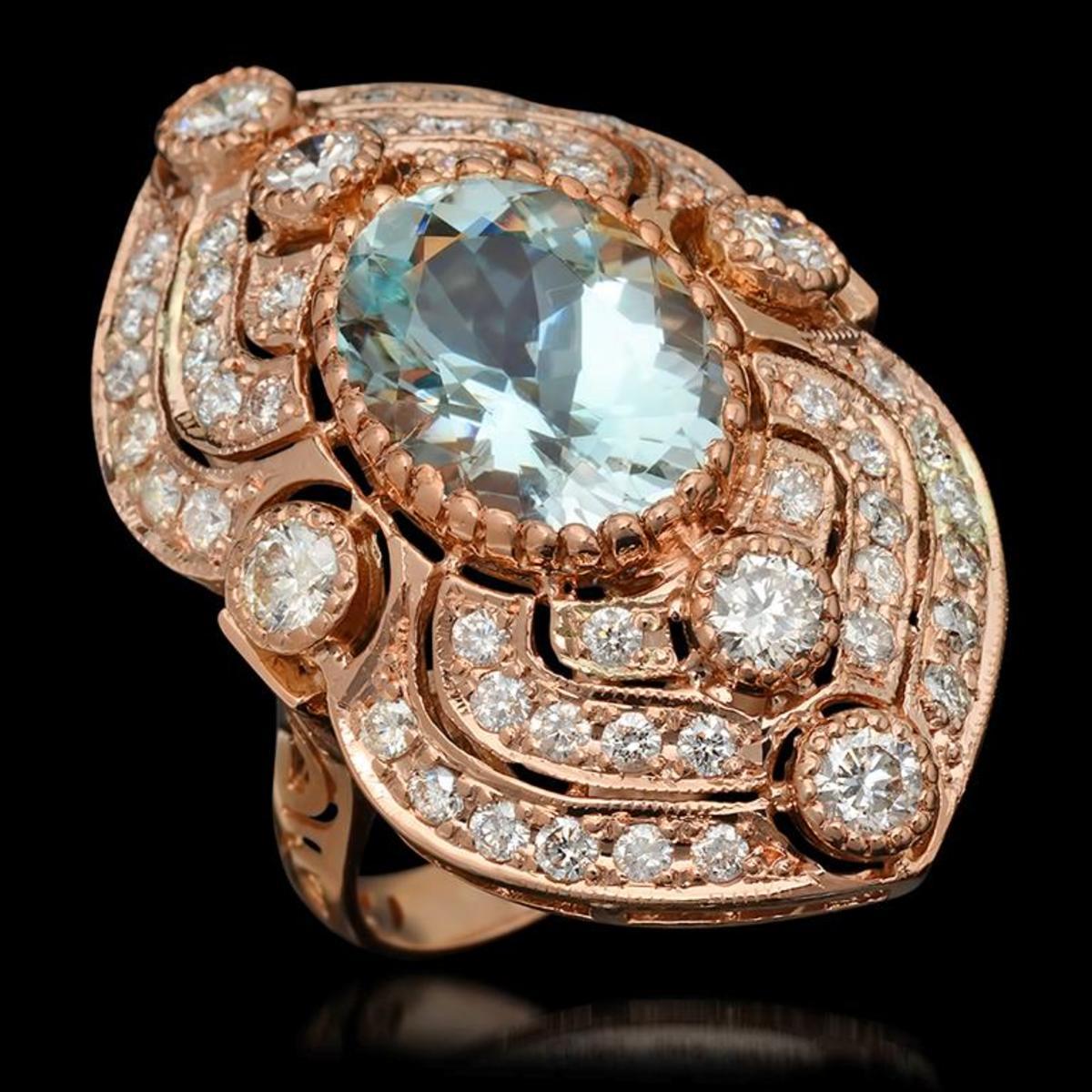 14K Rose Gold 6.51ct Aquamarine and 2.82ct Diamond Ring