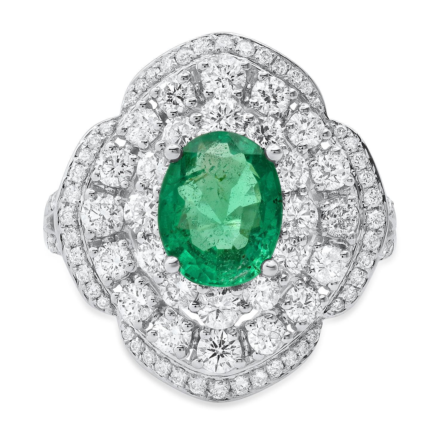 14K White Gold Setting with 1.31ct Emerald and 1.80ct Diamond Ladies Ring