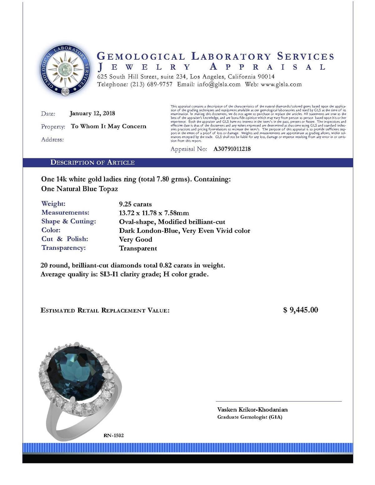 14k White Gold 9.25ct Blue Topaz 0.82ct Diamond Ring