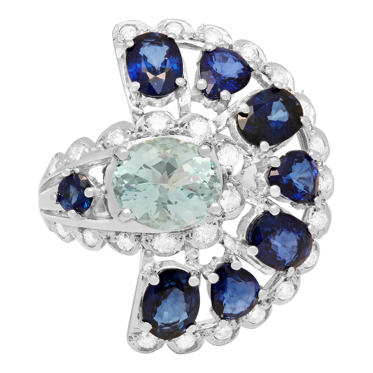 14k White Gold 2.45ct Aquamarine 5.69ct Sapphire 0.82ct Diamond Ring